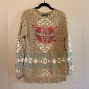 RALPH LAUREN LRL Long Sweater Southwestern Aztec Cotton Linen Blend Size PM